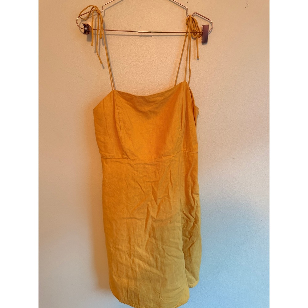 Old Navy Mini Dress Size L Yellow SL Cami Tie St Linen Blend Summer Smocked - Picture 3 of 7